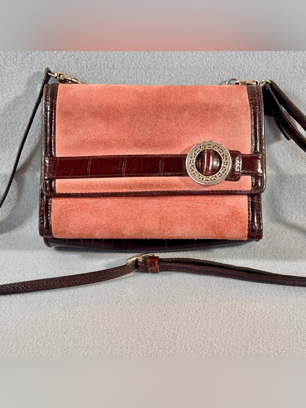 Vtg 2000s Suede Croc Leather Crossbody Wallet Organizer Brown Pink Y2K Suede